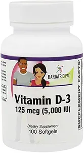BariatricPal Vitamin D-3 125mcg (5000 IU) - Easy Swallow Vegetarian Softgels (100ct Bottle)