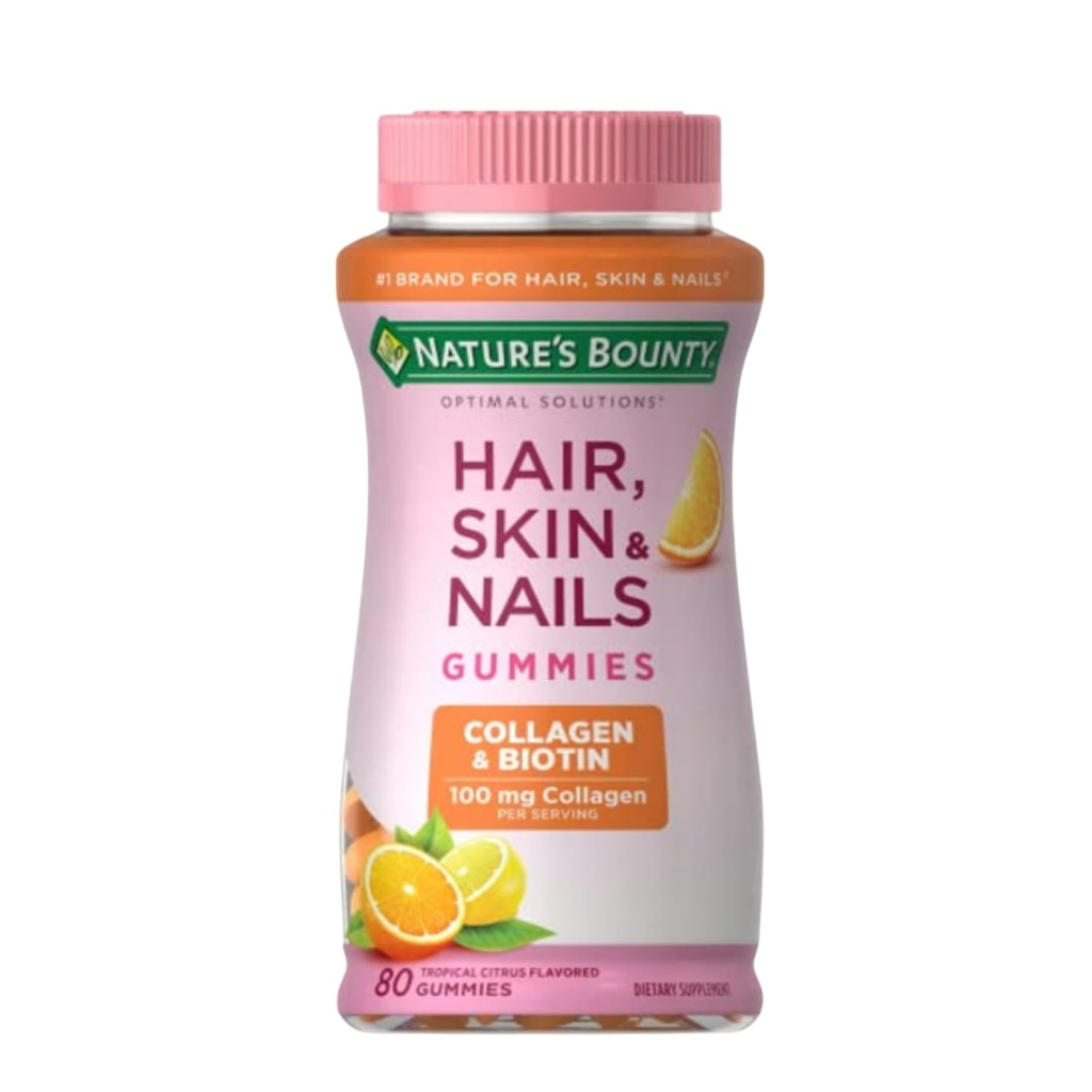 Nature's Bounty Optimal Solutions Hair, Skin & Nails with Biotin and Collagen, Citrus-Flabored Gummies Vitamin Supplement, 2500 mcg, 80 Ct, 40 Total Servings