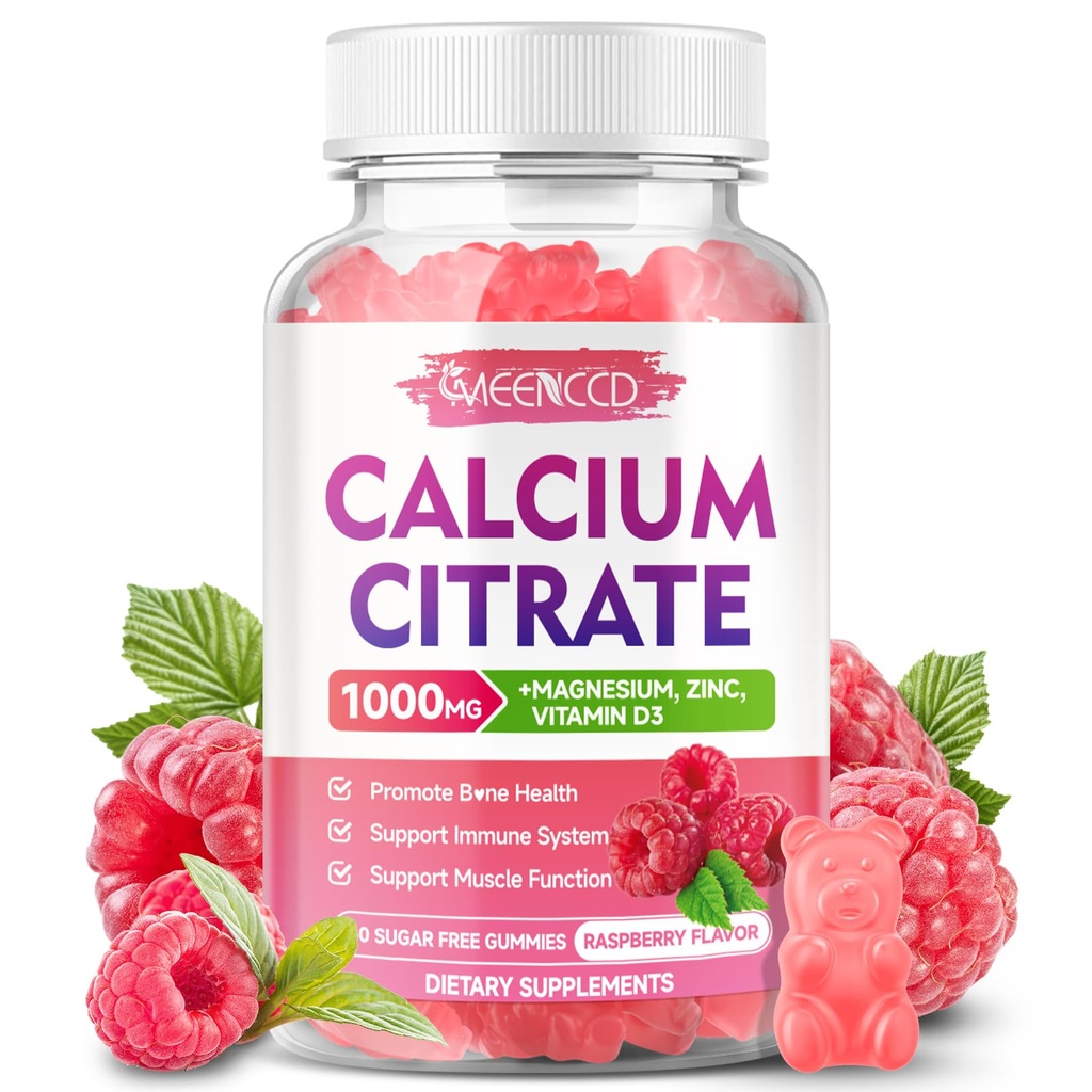 Citrate Gummies Ασβέστιο 1000mg w/Vitamin D3, Συμπλήρωμα ασβεστίου υψηλής απορρόφησης για γυναίκες & άνδρες, συν μαγνήσιο, κάλιο, ψευδάργυρος για μυς & ανοσοποιητικό, ζάχαρη-ελεύθερο, σμέουρο Γεύση, 60 Count