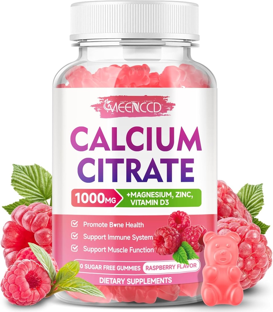 Citrate Gummies Ασβέστιο 1000mg w/Vitamin D3, Συμπλήρωμα ασβεστίου υψηλής απορρόφησης για γυναίκες & άνδρες, συν μαγνήσιο, κάλιο, ψευδάργυρος για μυς & ανοσοποιητικό, ζάχαρη-ελεύθερο, σμέουρο Γεύση, 60 Count