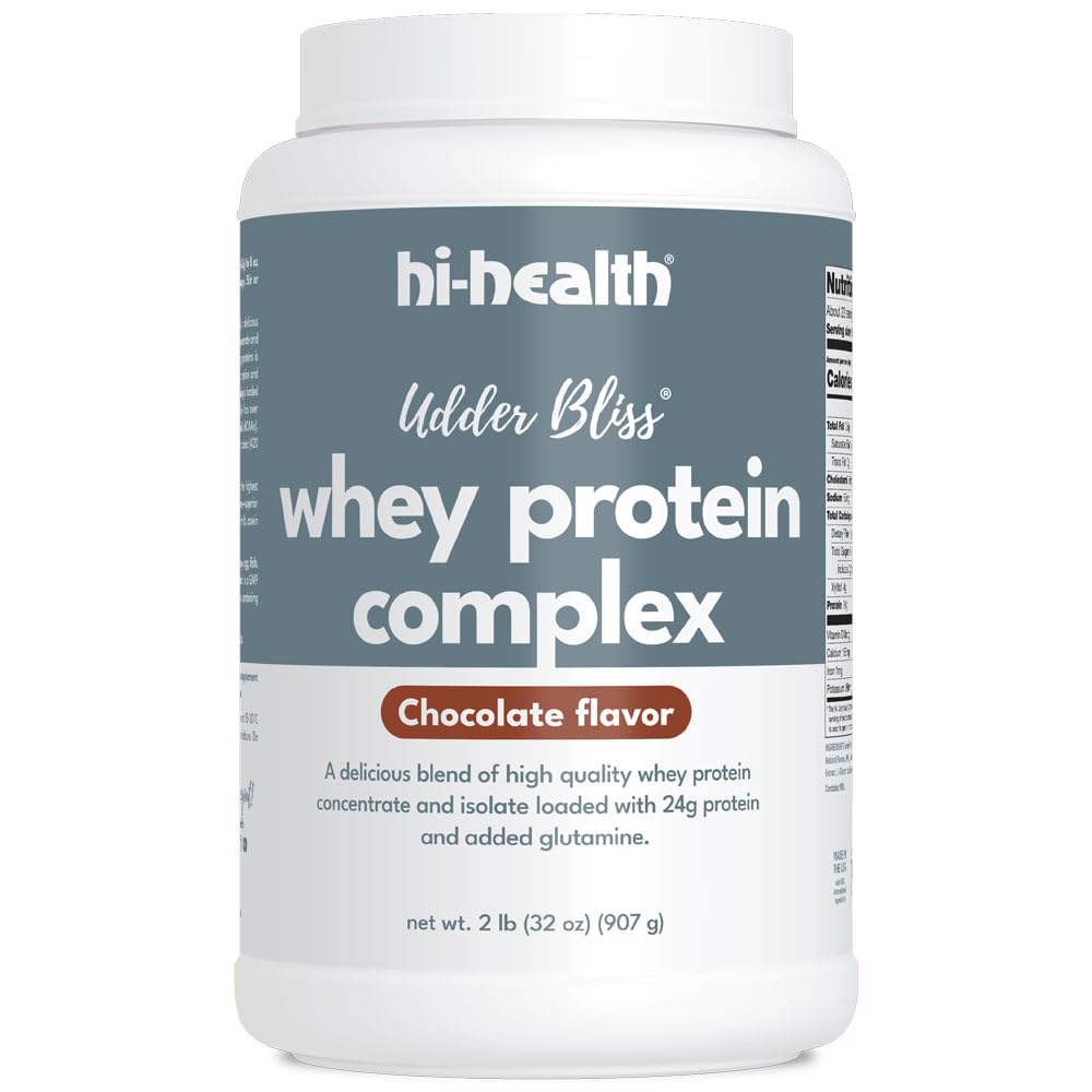 Hi-Health Udder Bliss Whey Protein Complex σκόνη, μείγμα βιοδιαθέσιμο συμπύκνωμα πρωτεΐνης Whey και απομόνωση με προσθήκη γλουταμίνης, σοκολάτας (2 Λίρες)