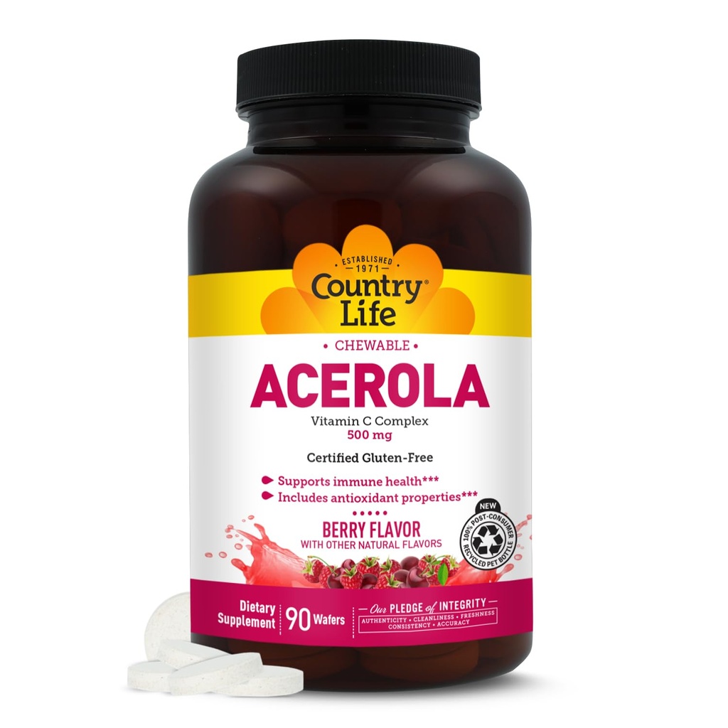 Country Life Acerola Vitamin C Complex, 500mg, Chewable Berry Flavored Wafers, Υποστηρίζει την Ανοσολογική Υγεία, 90 Wafers, Certified Gluten Free by GFCO, Certified Vegan by AVA