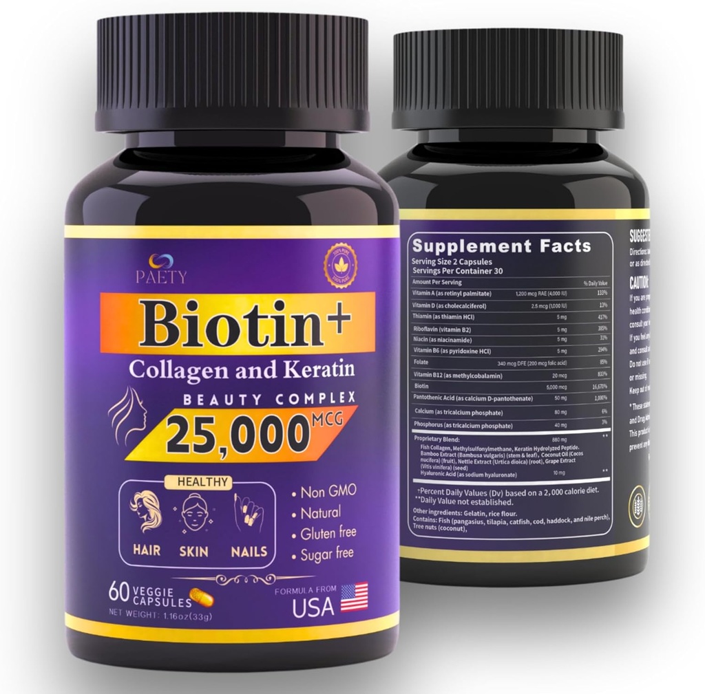 Αναζωογόνησε την Ομορφιά Σου! Biotin, Collagen & Keratin Complex – 25,000 mcg με Υαλουρονικό Οξύ & Β Βιταμίνες – Κλινικά Ελεγμένο για Λους Μαλλιά, Ραδιενεργό Δέρμα, Ισχυρά Νύχια – 60 Κάψουλες