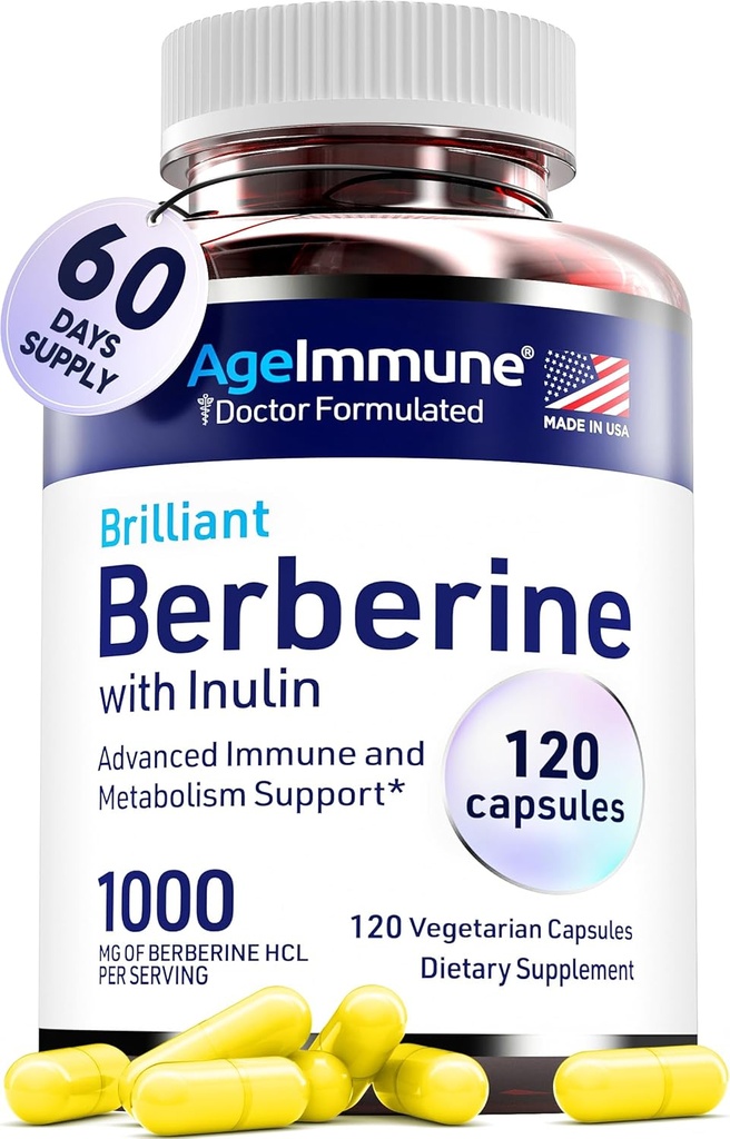 AgeImmune Berberine 1000mg Supplement Complex with Inulin Prebiotic - Each Capsule Contains Berberine 500mg - Doctor Formulated Supplements for High Absorption.