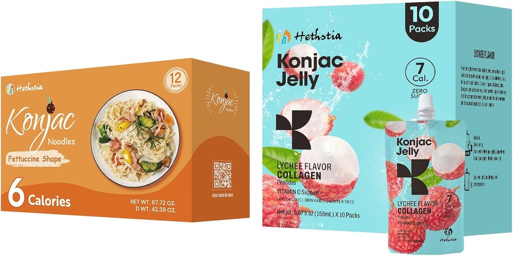 Hethstia Konjac Jelly Lychee Γεύση με κολλαγόνο Peptides 10 συσκευασίες και Konjac Fettucine Γλουτένη Δωρεάν 12 συσκευασίες Χαμηλή θερμίδα, Κέτο, Χωρίς ζάχαρη, Υγιεινή τροφή