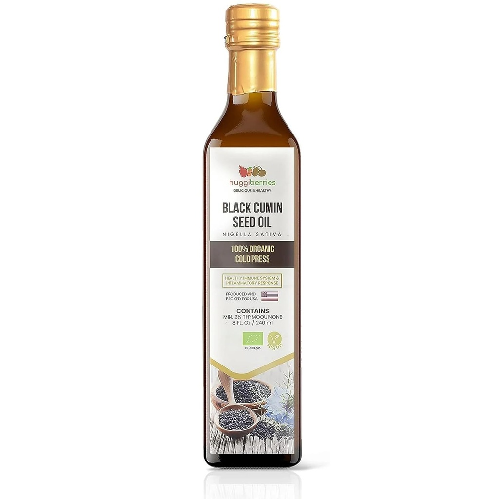 Huggiberries Organic Black Seed Oil Liquid - Glas bottle- Gluten-free Oil for Salads, Dips, Dressings, Veggies - Ψυχρό Πιέζεται Τουρκικό Κύμινο, Πλούσιο σε Thymoquinone συμπλήρωμα ανοσίας - 8 fl.oz./250ml