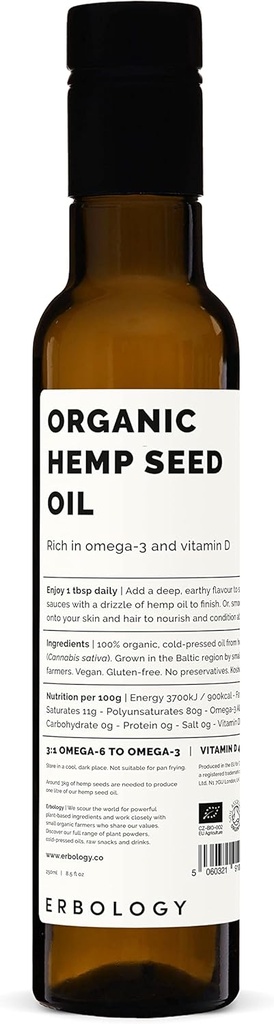 Erbology Organic Hemp Seed Oil 8.5 fl oz - Cold-Pressed - Rich in Omega-3 - Source of Vitamin D - Straight from Farm - Non-GMO - No Additives or Preservatives - Recyclable Glass Bottle