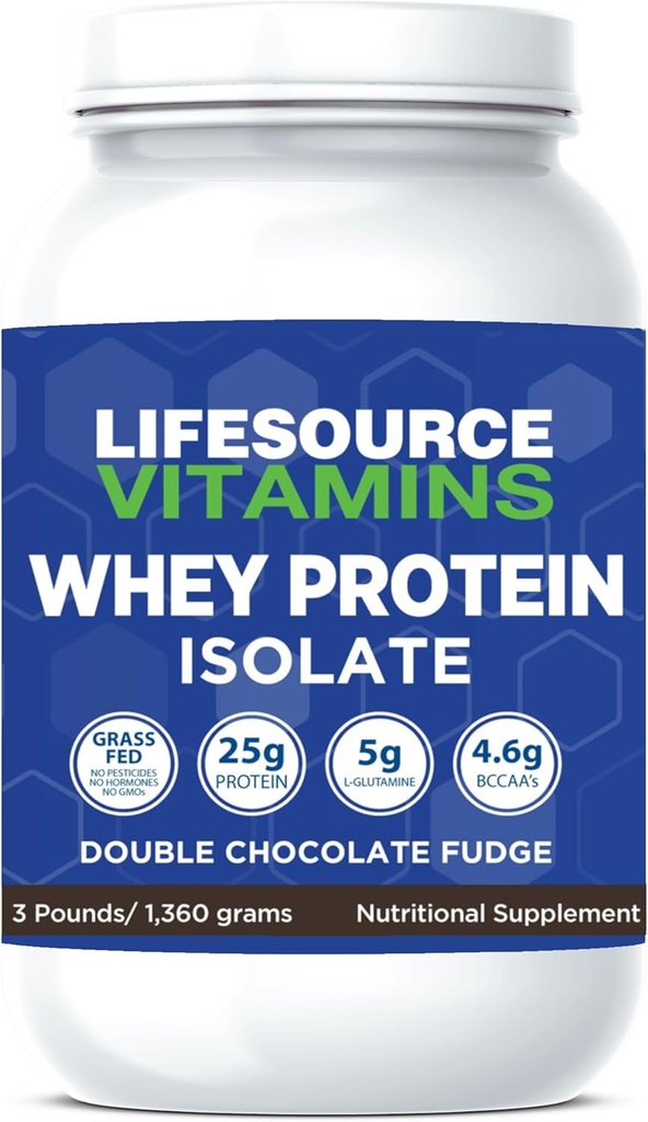 LifeSource Vitamins 3 λίβρες - ΗΠΑ Γαλακτοκομικές αγελάδες Grass Fed Whey Protein Isolate - Διπλή σοκολάτα Fudge γλυκασμένη w / Stevia - 3 λίβρες σκόνη