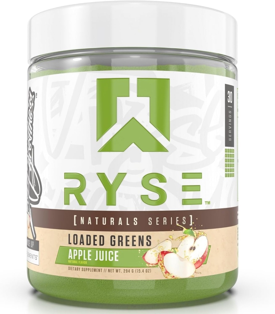RYSE Φορτωμένα Πράσινα Superfood Powder - Apple Juice - Καθημερινή συμπλήρωμα με Πράσινο Ισορροπία, BettaBerries & Sukre Fiber - Υποστηρίζει Digestion, Ανοσία & Ενέργεια - Δεν Τεχνητά γλυκαντικά - 30 Σερβίρετε