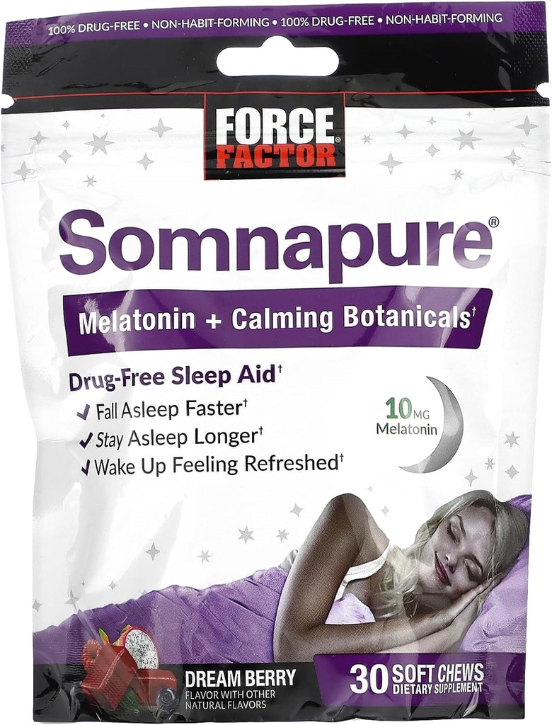FORCE FACTOR Somnapure Μαλακά μάσημα με 10mg μελατονίνη, L-Θεανίνη, Χαμομήλι, Λίμον Μπαλμ, Dream Berry Γεύση, 30 Μαλακά μάσημα