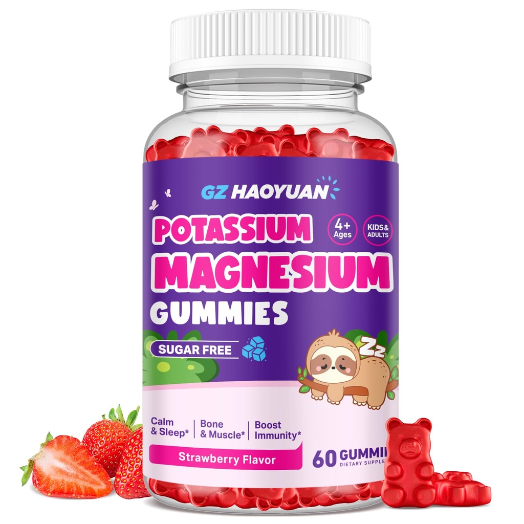 Μαγνήσιο Gummies για παιδιά - Μαγνήσιο Γλυκινικό Gummies με βιταμίνη D3, B6, Κάλιο & Ashwagandha, Μαγνήσιο για παιδιά και ενήλικες Χαλάρωση, Ύπνος, Εγκέφαλος & Υγεία των οστών -Βεγκανική Φράουλα 60ct