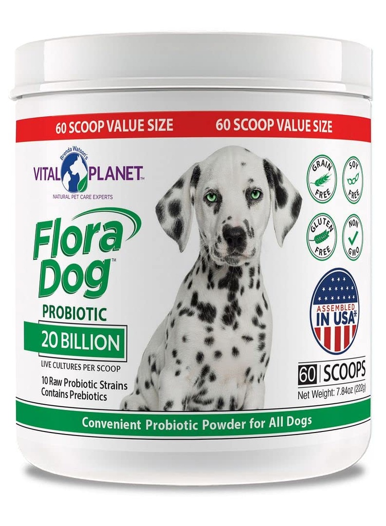 Vital Planet - Flora Dog Probiotic Powder Supplement with 20 Billion Cultures and 10 Strains, High Potency Immune and Digestive support Probiotics for Dogs, 7,84 oz., 222 Grams, 60 Servings