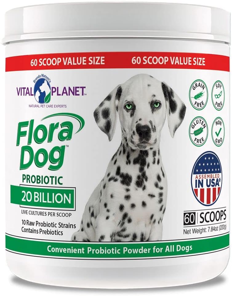 Vital Planet - Flora Dog Probiotic Powder Supplement with 20 Billion Cultures and 10 Strains, High Potency Immune and Digestive support Probiotics for Dogs, 7,84 oz., 222 Grams, 60 Servings