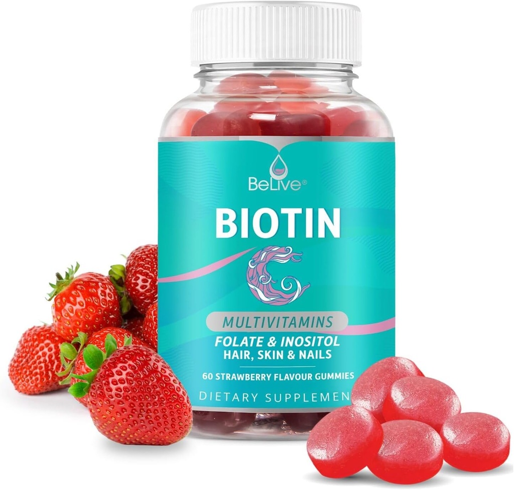 Belive Biotin Gummies με MultiVitamins, Folate, Ινοσιτόλη – Υποστηρίζει την ανάπτυξη των μαλλιών, υγιές δέρμα & νύχια – Vegan, Pectin Based – Flavor Φράουλα (1)