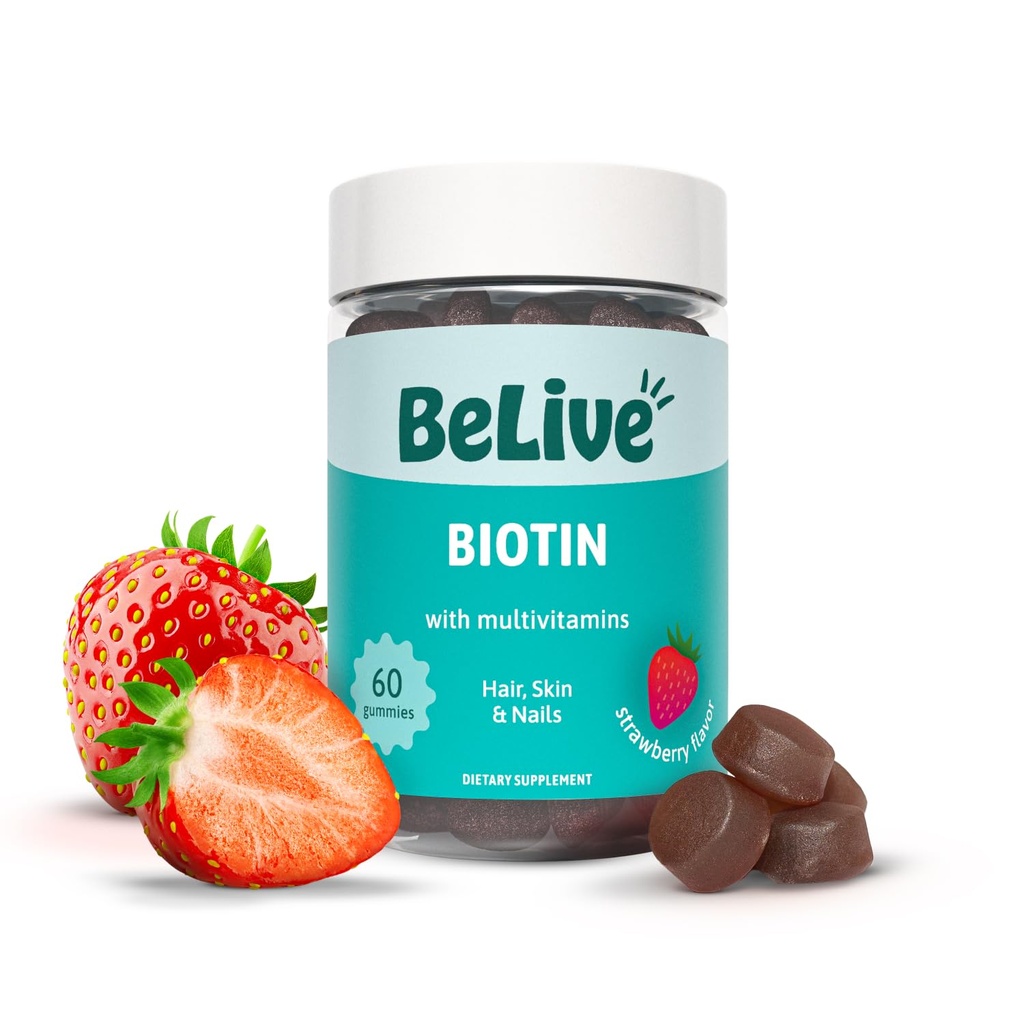 Belive Biotin Gummies με MultiVitamins, Folate, Ινοσιτόλη – Υποστηρίζει την ανάπτυξη των μαλλιών, υγιές δέρμα & νύχια – Vegan, Pectin Based – Flavor Φράουλα (1)