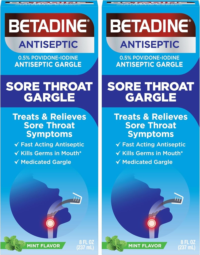 Betadine Sore Throat Relief Gargle, Mint Flavor, Fast Acting Antiseptic, Povidone-Iodine 0.5%, 8 oz (Pack of 2)