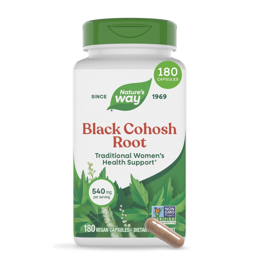Nature's Way Black Cohosh Root, Traditional support for Women's Health*, 540 mg per Serving, Μη ΓΤΟ Project Επαληθευμένο, 180 κάψουλες