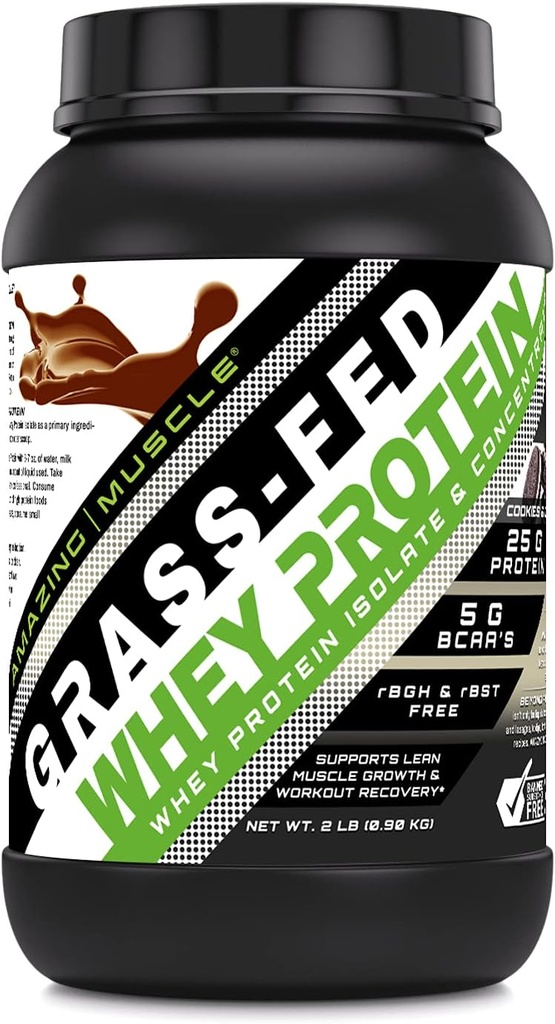 Amazing Muscle Grass-Fed Whey Protein Supplement | 25 G per Serving | Cookies & Cream Flavor | 2 Lb (0.90 Kg) | Non-GMO | Gluten-Free | Made in USA
