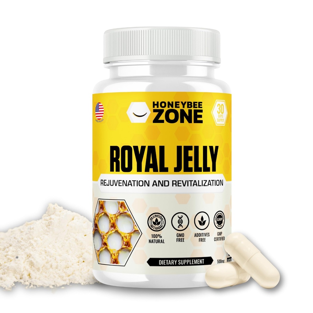 HONEYBEEZONE-Royal Jelly Capsules – 500 mg Energy, Glowing Skin and Brain Booster Supplement | Non-GMO, Gluten-Free, 60 Easy-to-Swallow Veggie Capsules