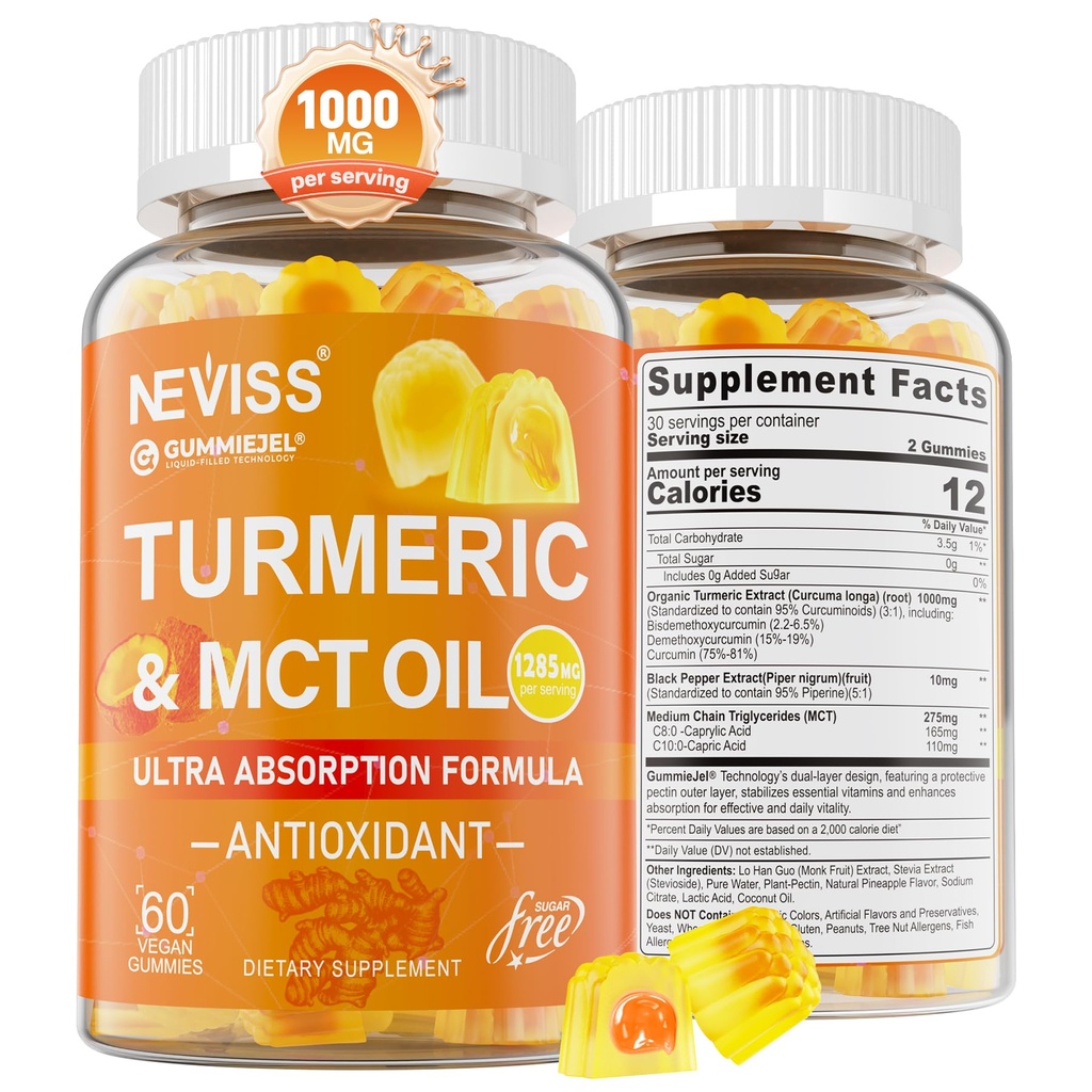 Turmeric Gummies 1000mg w/MCT Oil C8 C10, Organic Antioxidant, Turmeric Curcumin Supplement with Black Pepper Extract, Support Comfort, Boost Energy, Ultra Absorpation, Sugar Free, 60 Cts