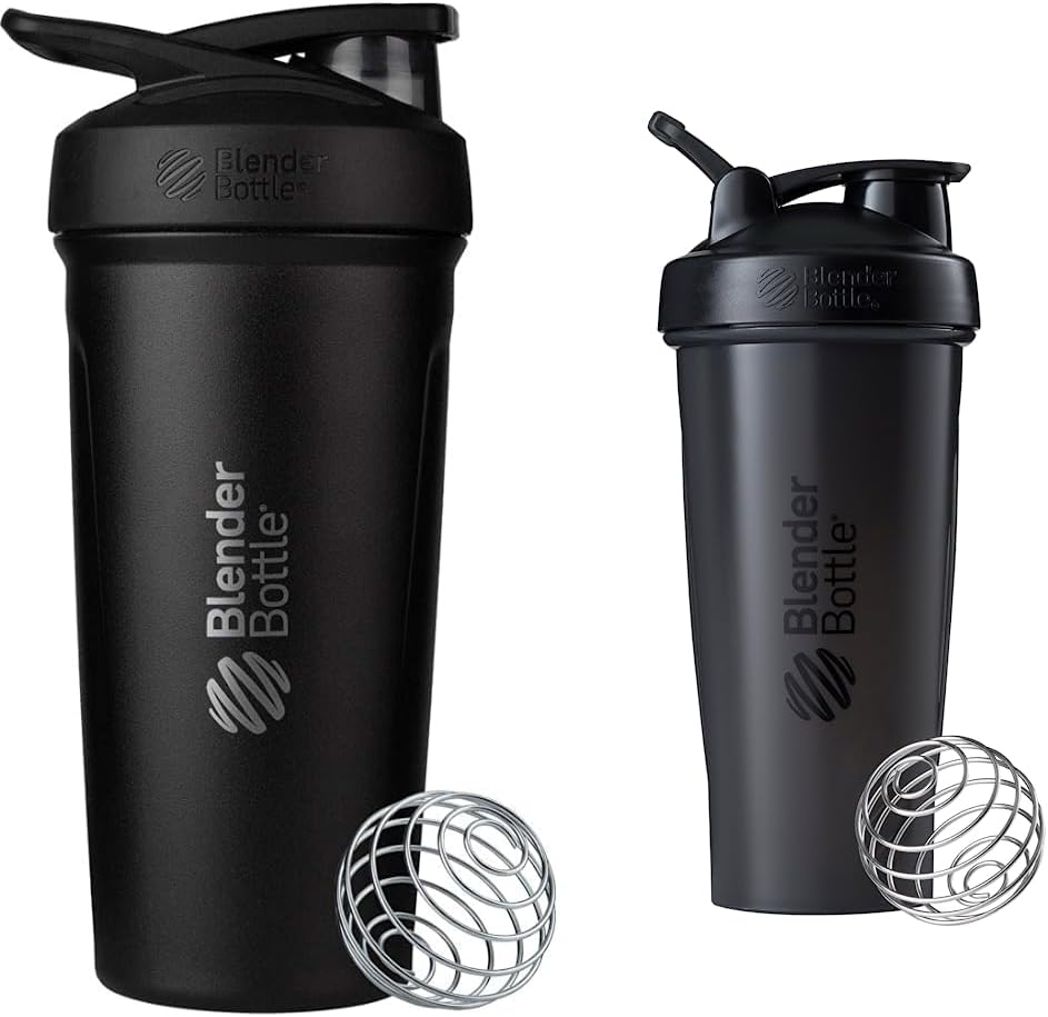 BlenderBottle Strada Shaker Κύπελλο μονωμένο από ανοξείδωτο χάλυβα μπουκάλι νερού με σύρμα Whisk, 24-Ounce, μαύρο & κλασικό Shaker μπουκάλι Ιδανικό για πρωτεΐνες Shakes και πριν την προπόνηση, 28-Ounce, μαύρο