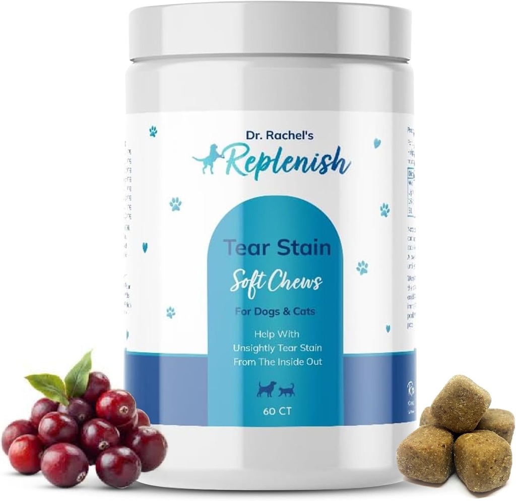 Replenish Tear Stain Chews for Dogs and Cats - Dr. Rachel's Tear Stain Remover for Dogs - Dog Eye Tear Stain Remover - Tear Stain Supplement for Dogs - Natural Tear Stain Soft Chews - 60 Count