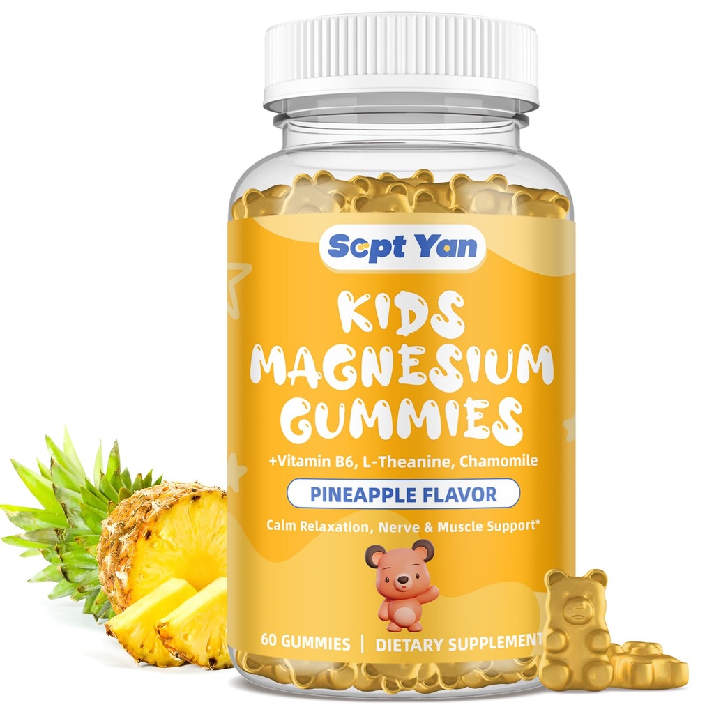 Magnesium Gummies for Kids - Συμπληρώματα Κιτρικού Μαγνησίου με Βιταμίνη Β6, L-θεανίνη, Χαμομήλι & Λεμονιά - Ήρεμο Μαγνήσιο για Παιδιά & Ενήλικες Ύπνος, Χαλάρωση, Ανανάς Γεύση 60 Gummies