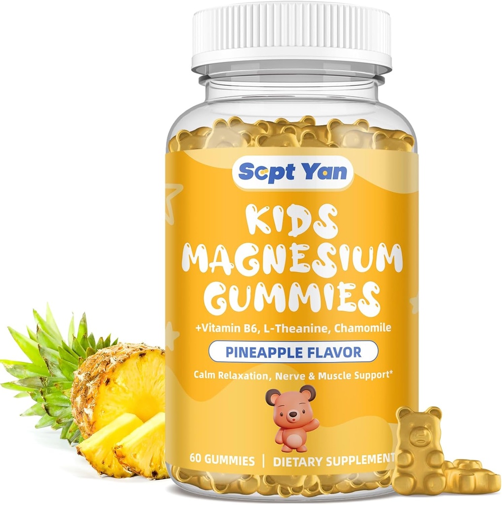 Magnesium Gummies for Kids - Συμπληρώματα Κιτρικού Μαγνησίου με Βιταμίνη Β6, L-θεανίνη, Χαμομήλι & Λεμονιά - Ήρεμο Μαγνήσιο για Παιδιά & Ενήλικες Ύπνος, Χαλάρωση, Ανανάς Γεύση 60 Gummies