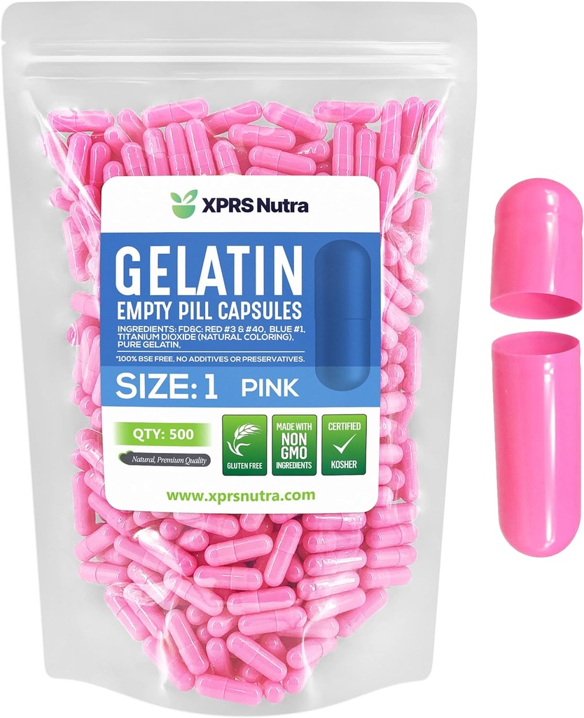 XPRS Nutra Μέγεθος 1 Κενές κάψουλες - 500 Count Empty Gelatin Κάψουλες - Χάπια DIY Καψάκιο Γέμισμα - Αγνά καπάκια τζελ Μπόβιν Χάπια για το Do-It-Yourself Συμπληρώματα (Pink)