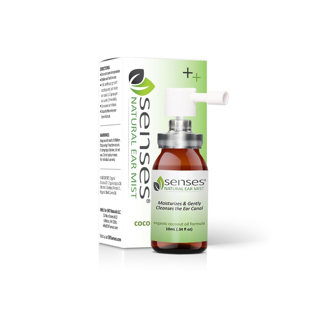 SENSES Natural Ear Drops - Physician Formulated Soothing, Organic Coconut Oil for Irritated Ears - Χρήση για Καθαρισμό, Ενυδατικό, Ανακούφιση από Αλλεργίες, Βοηθήματα Ακρόαση, και Κεριά Αυτιών, 0,34 Fl Oz