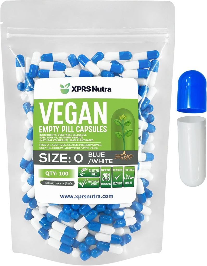 XPRS Nutra Size 0 Κενές κάψουλες - 100 Count Empty Vegan Κάψουλες - Χορτοφαγικά Χάπια - DIY Καψάκιο Φυτικών Γέμισμα - Veggie χάπια για Do-It-Yourself Supplements (Blue/White)