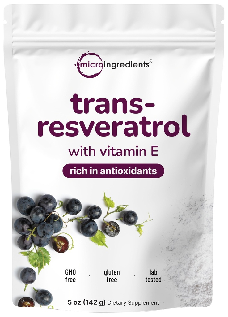 Pure Trans-Reεσβερατρόλη σκόνη με βιταμίνη Ε, 5 ουγγιά, 2 σε 1 Φόρμουλα, Μικρονισμένη σκόνη για καλύτερη απορρόφηση, Premium συμπλήρωμα ρεσβερατρόλης, Σούπερ Αντιοξειδωτικό