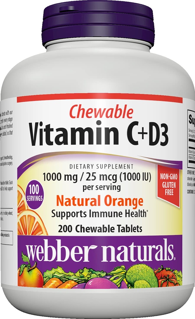 Webber Naturals Βιταμίνη C+D3, 200 Μασώμενα δισκία πορτοκαλιού, 1000 mg Βιταμίνης C με 1000 IU Βιταμίνης D3 Ανά Σερβίρισμα, Οστά, Δόντια, Ανοσοποιητικό και Αντιοξειδωτικό Υποστήριξη, Μη ΓΤΟ, Γαλακτοκομικά & Γλουτένη Χωρίς