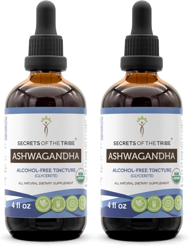 Aswagandha εκχύλισμα χωρίς αλκοόλη, USDA Organic Ashwagandha Withania Somnifera Anti-Stress and Relaxation 2x4 OZ