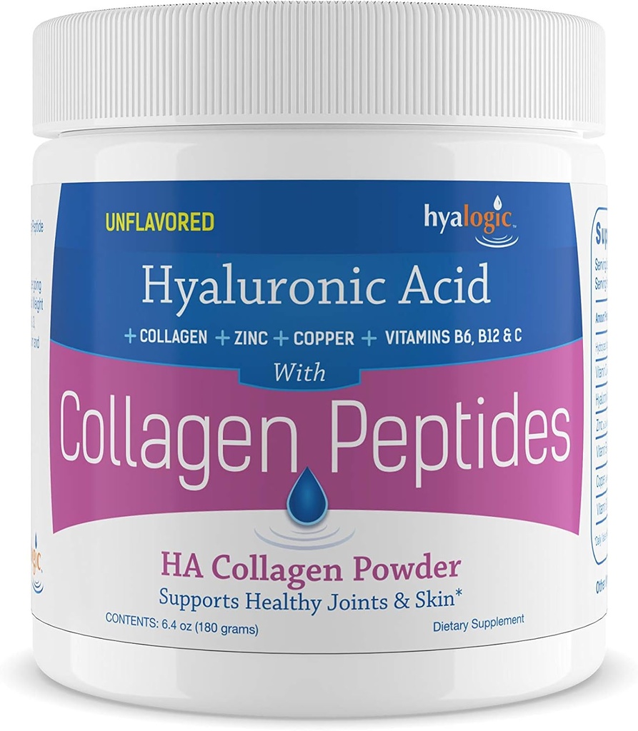 Hyalologic Collagen Peptides Powder w/Hyaluronic Acid, Hydrolyzed Types 1 & 3, Grass Fed, Keto Protein Powder Supplement για την ανάπτυξη των μαλλιών, δέρμα, νύχια, αρθρώσεις Unflavored Easy to Mix 6,4 oz (180 gr.)
