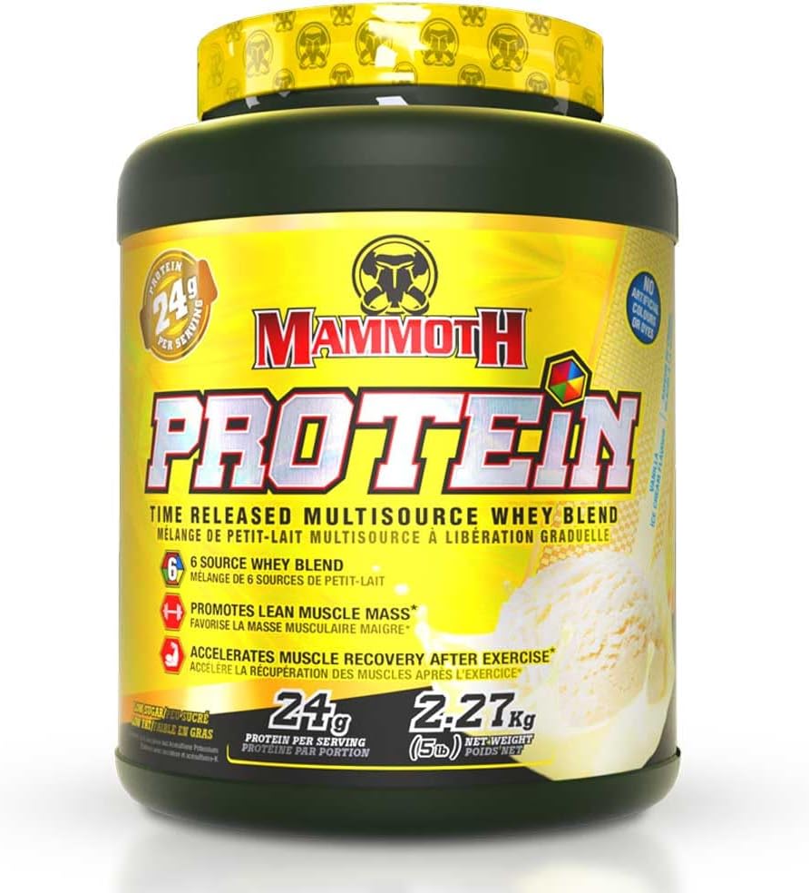 MAMMOTH PROTEIN POWDER, HIGH PROTEIN SHAKE, SUPERIOR TIME-RELEASE FORMULA, WHEY PROTEIN CONCENTRATE & ISOLATE, HYDROLYZED WHEY & MILK PROTEIN ISOLATE, CASEIN, 6 BIOAVAILABLE DAIRY PROTEIN SOURCES, LOW SUGAR, Vanila, 5 LB