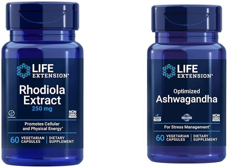 Επέκταση ζωής Rhodiola και Ashwagandha Extract Bundle, Rhodiola rosea και ashwagandha συμπληρώματα, 60 κάψουλες το καθένα