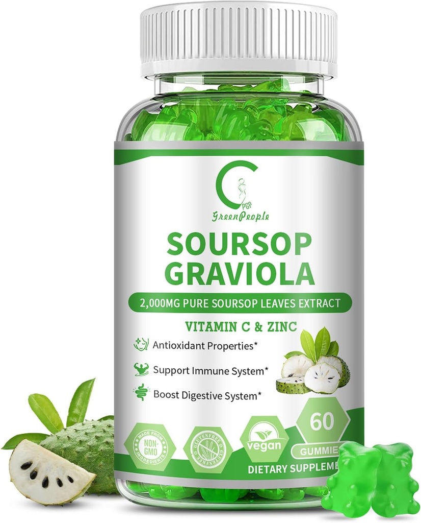 Soursop Graviola Gummies, Εκχύλισμα φύλλων Soursop για την ενίσχυση της ενέργειας, Digestive & Immune Support, Αντιοξειδωτικές ιδιότητες, Pure Soursop Fruit Gummies, Vegan, Non-GMO, 60 κόμητες