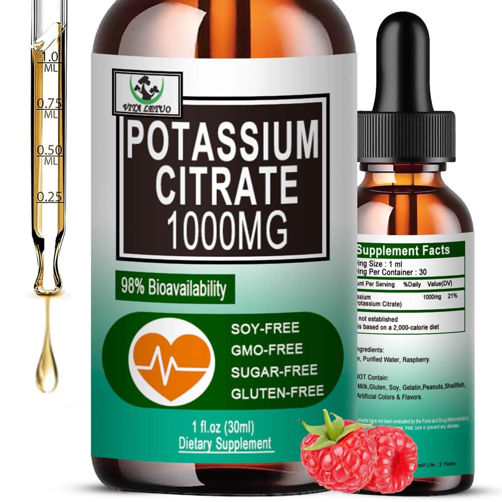 Citrate κάλιο Υγρές σταγόνες,Potassium συμπλήρωμα 1000mg Liquid Support Μυϊκό Κραμπ Ανακούφιση, Heart Health and Sleep,Υψηλά απορροφήσιμο για ενήλικες γυναίκες & άνδρες, Vegan, 30 υπηρεσίες