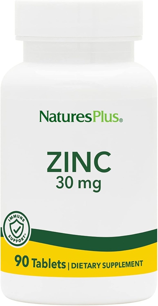 NaturesPlus Zinc Tablets - 30 mg, 90 Vegetarian Tablets - Συμπλήρωμα ανοσοποιητικού συστήματος για Κυτταρική Ανάπτυξη & Επισκευή - Προάγει την Υγιή Διέγερση, Μεταβολισμός & Όραμα - Χωρίς Γλουτένη - 90 Σερβιέτες