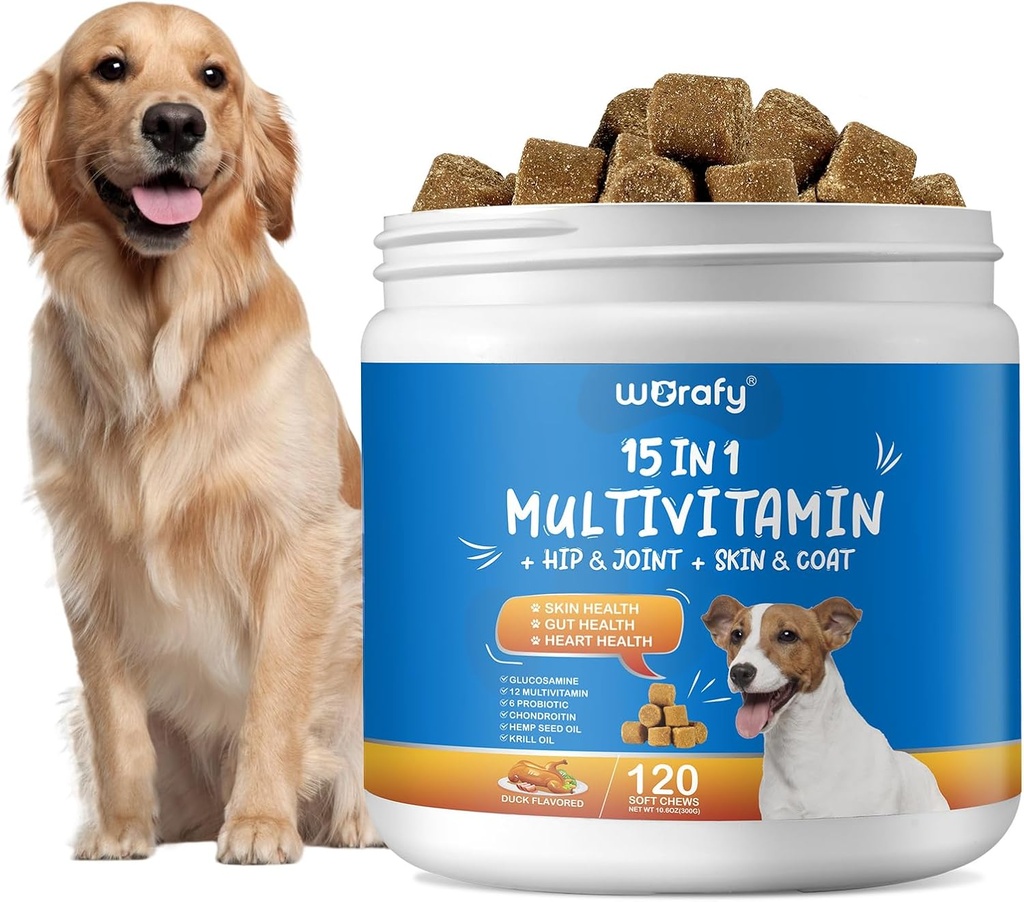 15-in-1 Dog Multivitamin Supplements - Dog Multivitamin Chewable - Immunity, Digestion, Joint and Heart Health Support for Skin, Coat Heart, Immune System - for All Ages All Breeds (120 Counts)