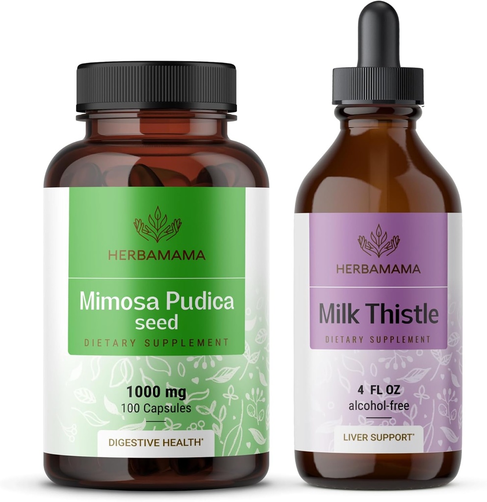 HERBAMAMA Mimosa Pudica and Milk Thittle Kit - Συσκευασία των 1000 mg Mimosa Pudica Κάψουλες & Γάλα Thittle Βάμμα 4 fl oz - Vegan, Μη ΓΤΟ, Ζάχαρη & Αλκοόλ- Δωρεάν - 2 Συσκευασία
