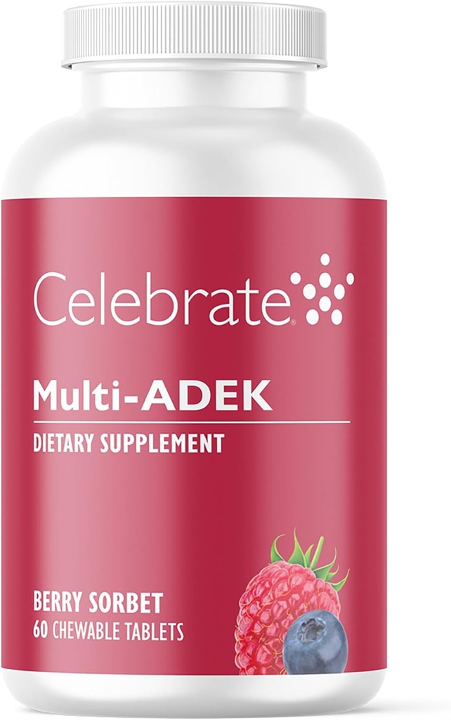 Γιορτάστε τις βιταμίνες Multi ADEK Chewables, Iron Free - Daily Bariatric Multivitamin, High Level of Vitamins A, D, E, K & B12 for Duodenal Switch Surgery Aσθενείς - Berry Sorbert (60 Tablets)