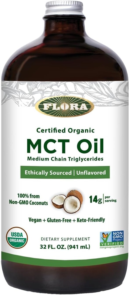 Flora - MCT Oil Certified Organic - Υποστηρίζει τη μυϊκή ενέργεια & την υγεία του εγκεφάλου - Περιέχει C8 Caprylic Acid & C10 Capric Acid - Μη ΓΤΟ, Χωρίς γλουτένη, Vegan & Keto-Friendly - 32 fl. oz. Γυάλινη φιάλη