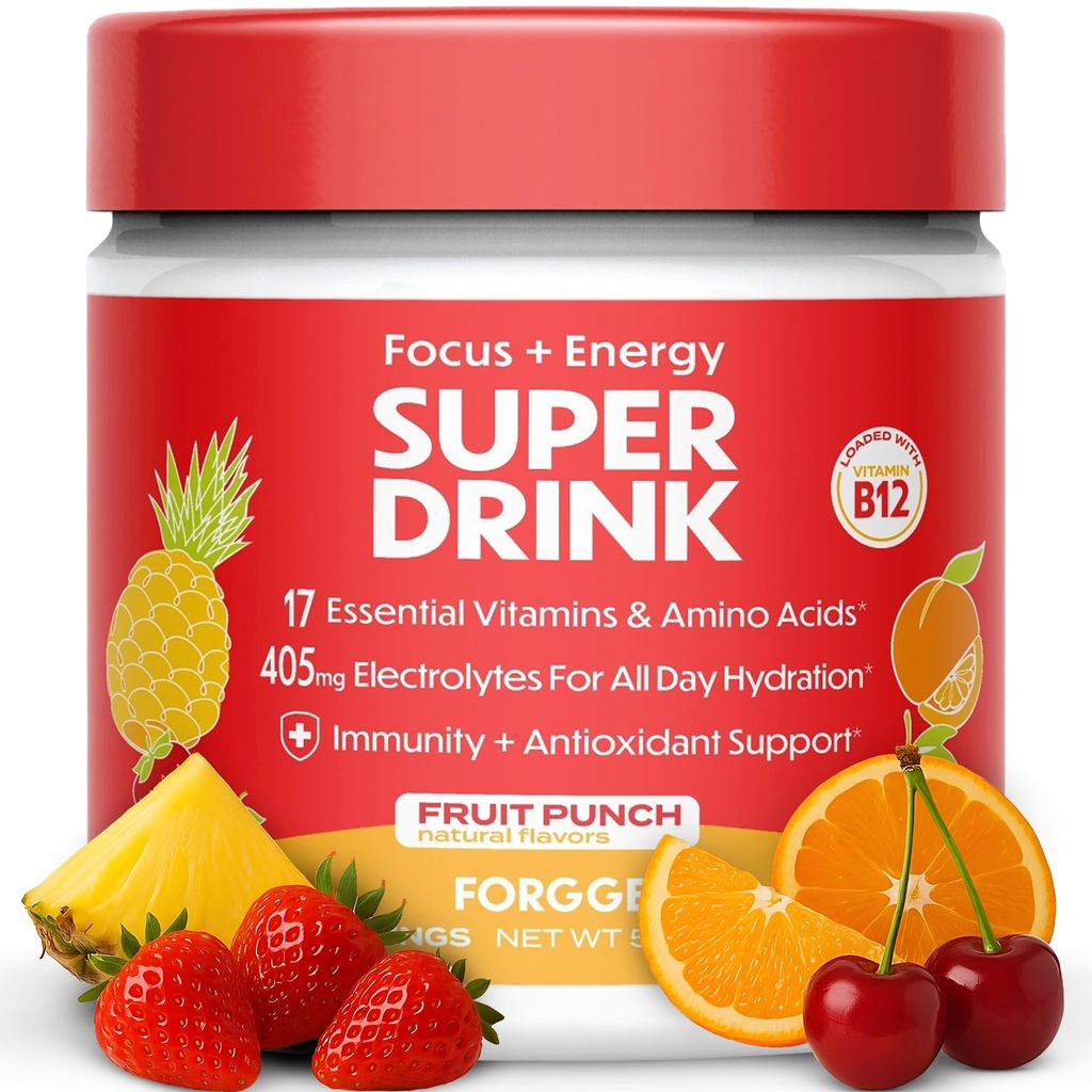 Forgge Healthy Energy Drink Powder Mix - Καθαρή καφεΐνη + B12, B6, C & D Βιταμίνες - Ζάχαρη Δωρεάν Ενέργεια Ποτό σε σκόνη με ηλεκτρολύτες, Αμινοξέα, Αντιοξειδωτικά, Λιοντάρια Μάνε - Vegan, Keto-Friendly - 30 SVG, Fruit Punch