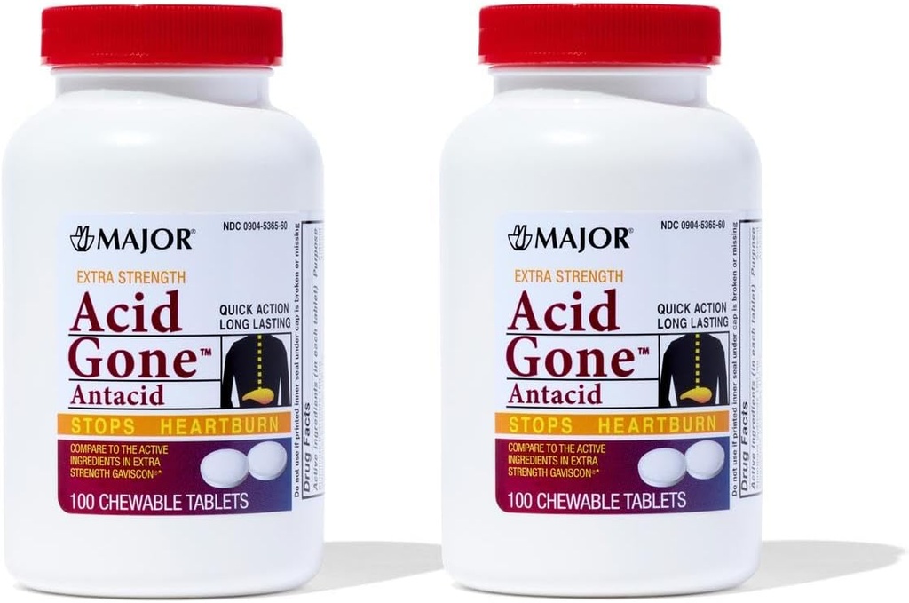 Major Acid Gone Extra Strength Αντιόξινα Μασώμενα Δισκία - Anti-Acid Relux Medicine for Adults - Αναστατωμένο στομάχι, οξύ δυσπεψία, και Heartburn Relief - Long-Lasting - 100 Count (2 Pack)