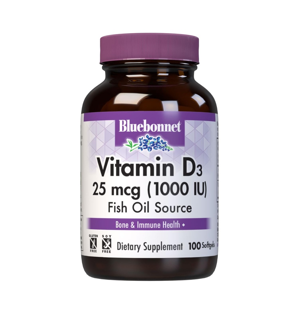 Διατροφή Bluebonnet Βιταμίνη D3 1000 IU Softgels, Βοηθήματα στη μυϊκή και σκελετική ανάπτυξη, Cholecalciferol από ιχθυέλαιο, μη ΓΤΟ, Χωρίς γλουτένη, Χωρίς σόγια, Χωρίς γαλακτοκομικά, 100 Softgels