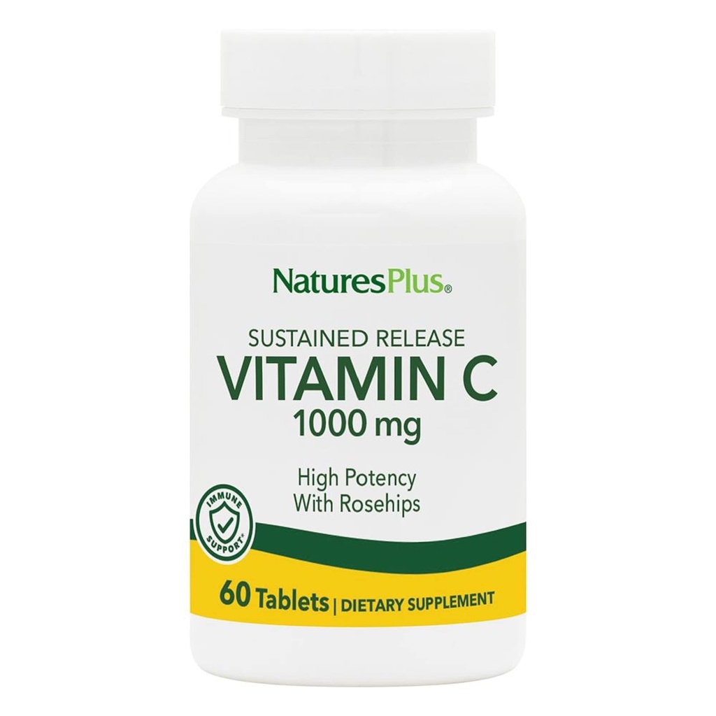 NaturesPlus Παρατεταμένη απελευθέρωση 1000 mg Βιταμίνη C - 60 δισκία - Με Rose Hips - Χορτοφαγικά, Χωρίς Γλουτένη - 60 Σερβιέτες