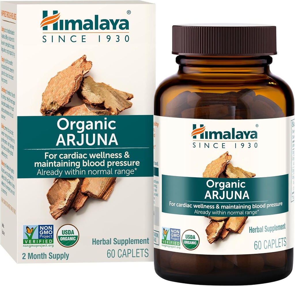 Himalaya Organic Arjuna, 60 Day Supply - Herbal Supplement Supporting Heart Health and Normal Blood Pressure - USDA Organic, Vegan, Non-GMO, Gluten Free, 700 mg, 60 Caplets