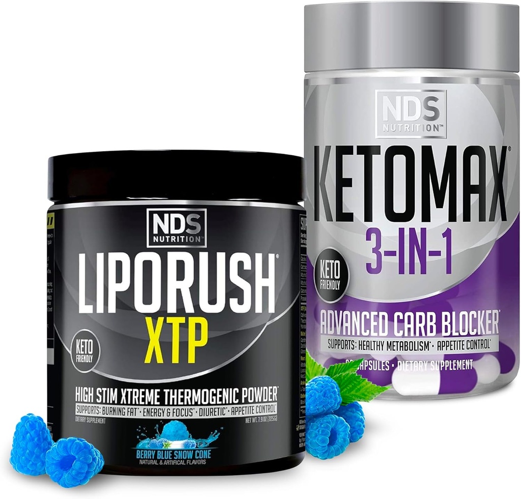 NDS Nutrition XTP Thermogenic Blue Berry Snow Cone (45 Servings) and Keto-Max Advanced 3-in-1 Pills Carb Blocker Appetite Suppressant (90 Capsules)